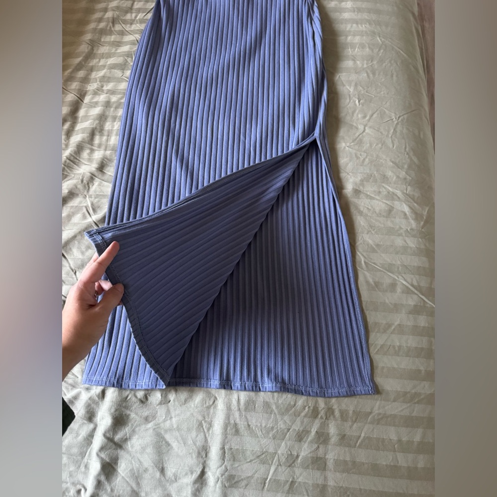 Heathery Pleated Ribbed Maxi Skirt - Blue - Picture 2 of 10